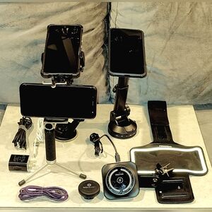 CELLPHONE ACCESSORIES BUNDLE CAR PHONE HOLDERS, TRI-POD, ARM BAND & OHL CHARGER